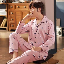 CherLemon, хлопок, Мужская пижама, для отдыха, на пуговицах, длинный рукав, длинные штаны, пижамный комплект, M-4XL, весна, модная домашняя пижама
