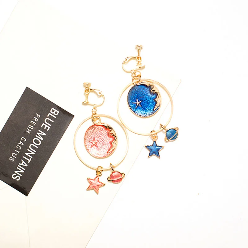 Grace Jun Top Quality Enamel Moon Planet Stars Shape Clip on Earrings Without Piercing for Women Party Luxury No Hole Earrings - Image 2