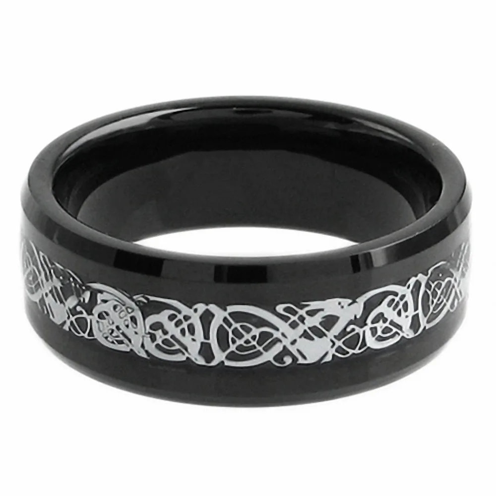Queenwish-Mens-Wedding-Band-Black-Tungsten-Ring-High-Polished-Celtic-Dragon-Design-Beveled-Edge-8mm-Comfort-Fit