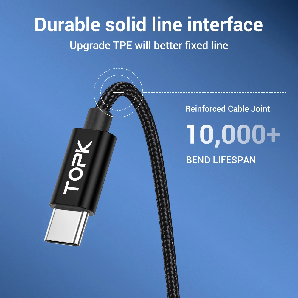 TOPK USB Type C кабель 3A Быстрая зарядка для передачи данных мобильный телефон зарядное