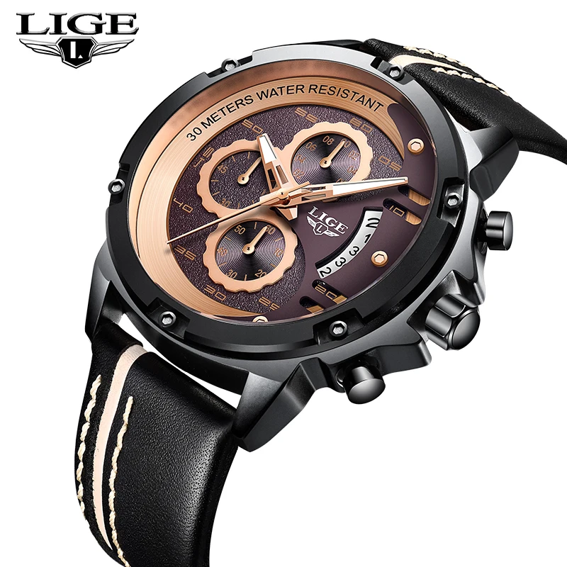 

LIGE Top Brand Luxury Men Watch Business Leather Strap Waterproof Quartz Chronograph Military Sport Watch Clock Relogio Masculin