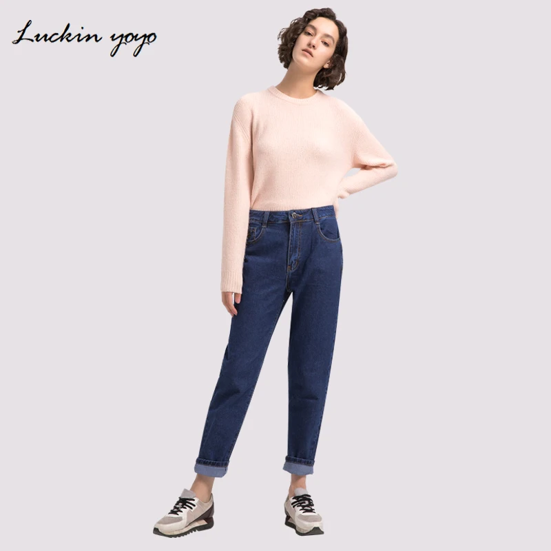 Luckin yoyo High Waist Jeans for Women Large Sizes Fashion Blue freddy Jeans Women 2018 New Casual Denim Pants Pocket Mom Jeans