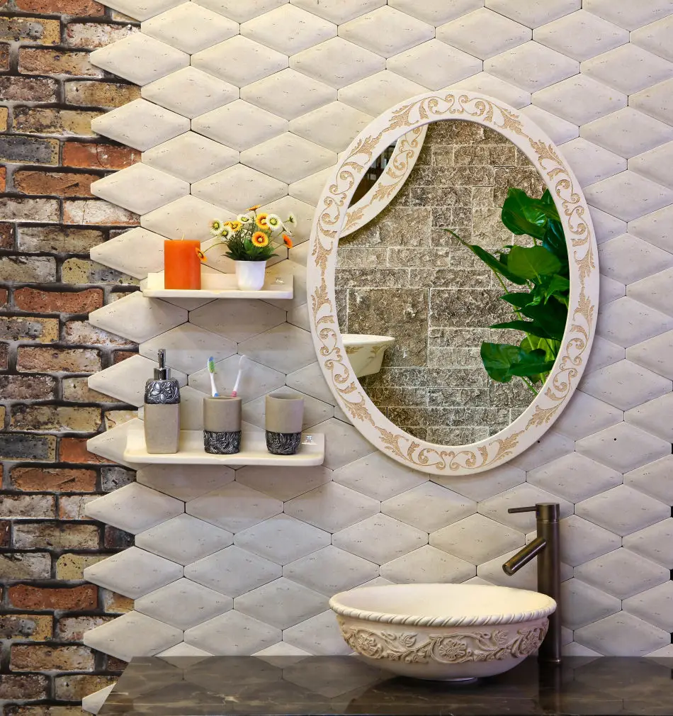 

European-style luxury antique beauty mirror. The sink of the basin that wash a face. Bathroom toilet art picture frame