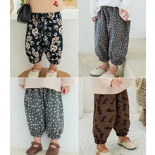 Коллекция года, новые весенние свободные штаны-шаровары хлопковые брюки с цветочным принтом для маленьких девочек и мальчиков хлопковая одежда для малышей