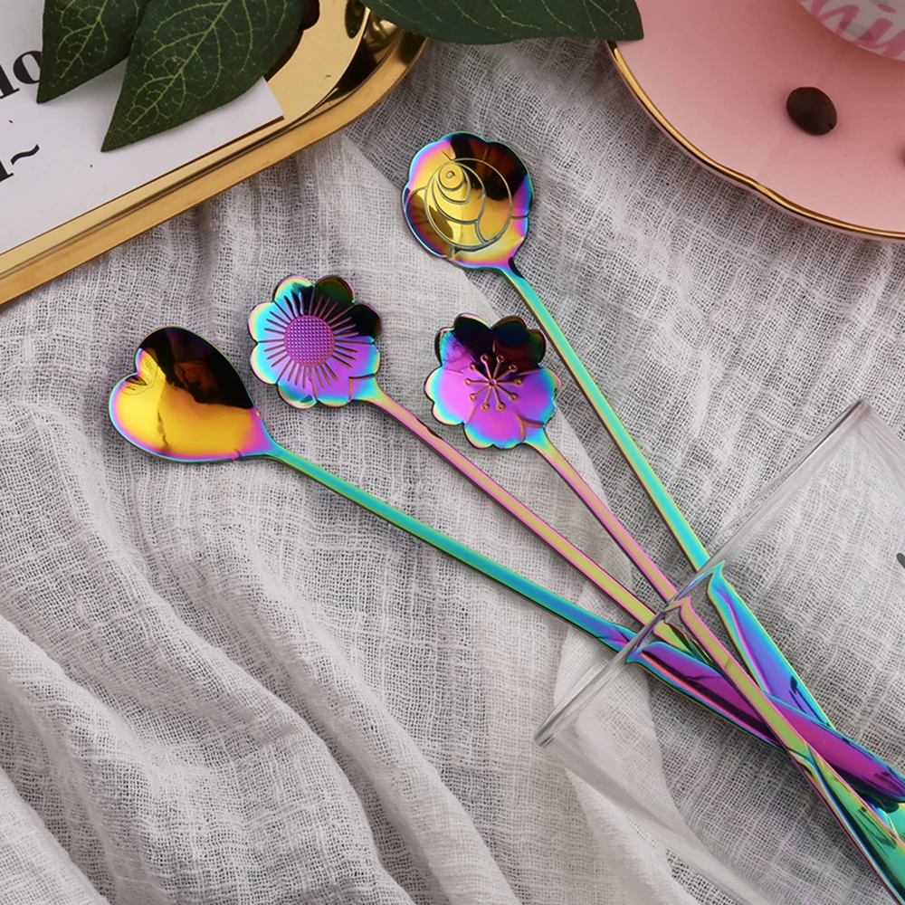 

4 Pcs/Lot Stainless Steel Tableware Rainbow Flower Ice spoon Stirring Sugar Spoon Tea coffee Spoon Stir Bar Spoon Kitchen Gadget