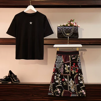 

HAMALIEL Plus Size Summer 2 Piece Set Women Black Cotton Beading Five Corners Tshirt + Mesh Embroidery Floral Pencil Skirt Set