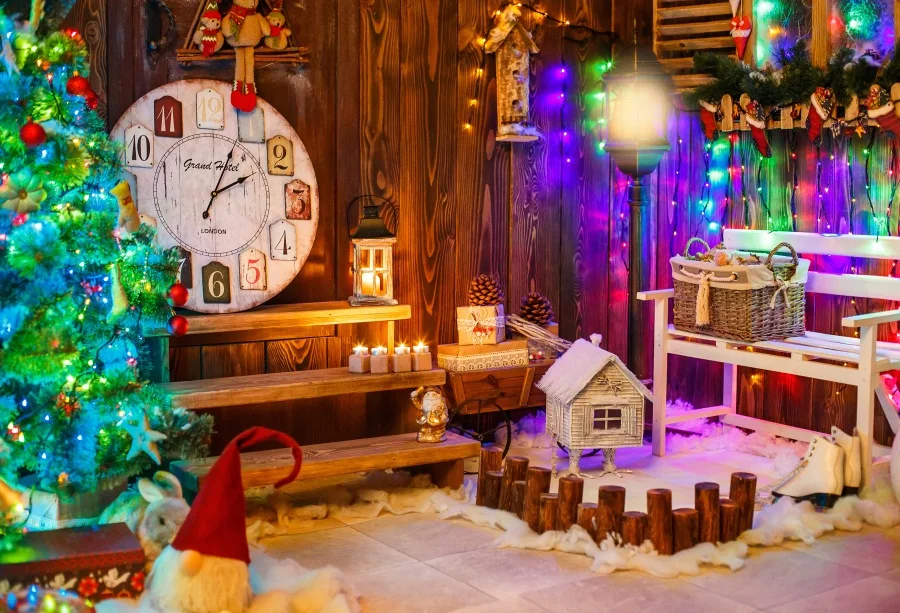 

Laeacco Dreamy Christmas Tree Themed Clock Wooden House Light Party Photo Backgrounds Photography Backdrops For Photo Studio