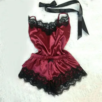 

Women's Sleepwear Sexy Satin Set Black Lace V-Neck Pyjamas Sleeveless Cute Cami Top And Shorts Pijama Mujer Algodon Veran J#29
