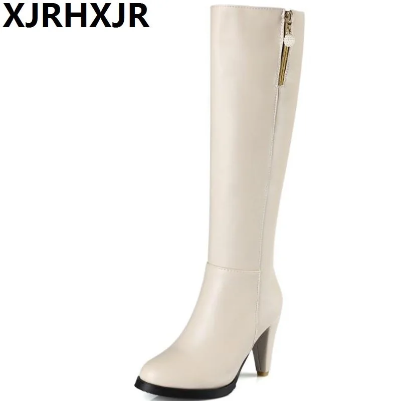 

XJRHXJR Black Beige Autumn Winter Shoes Woman Fashion High Heels Motorcycle Boot Ladies Sexy Knee High Long Warm Boots Zip