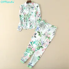 QYFCIOUFU High Quality 2 Piece Set Women Pant And Top Printed Long Sleeves Blouses Fashion Casual