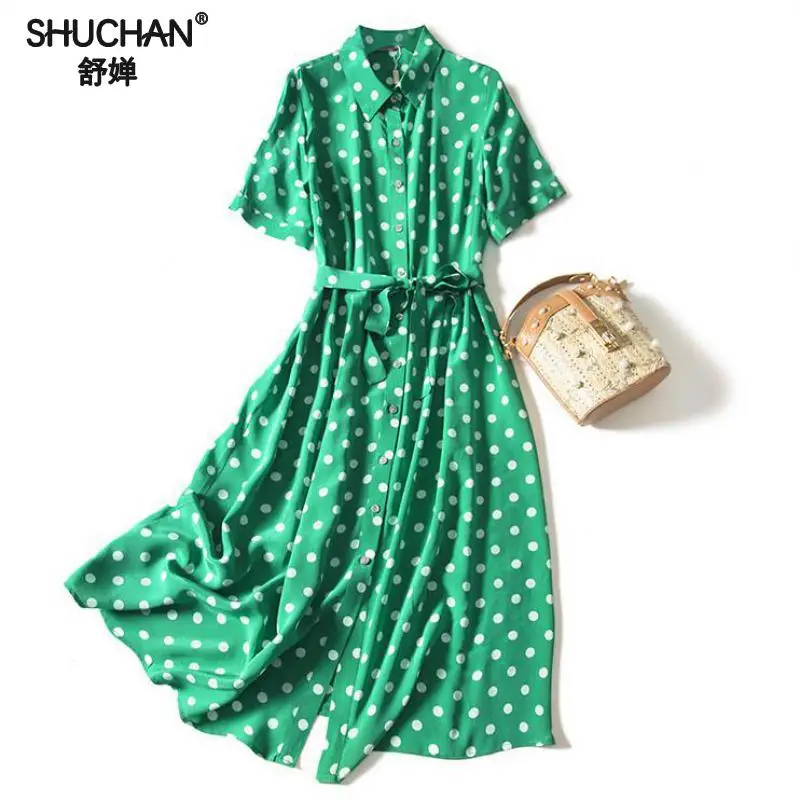 

Shuchan 100% Natural Silk New 2019 Fashion Summer Dresses Women Short Sleeve Green Sashes Turn-down Collar Polka Dot Dresses