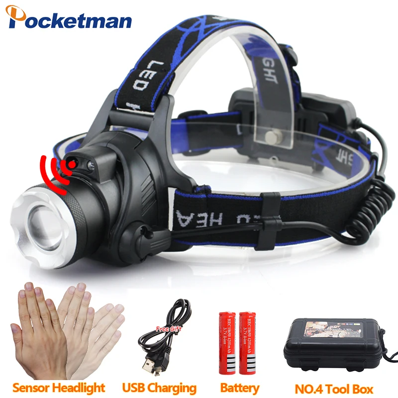 

LED Sensor Headlight Induction USB Rechargeable Headlamp XML-T6 3800LM Adjustable Light Torch for 18650 Battery Tool Box