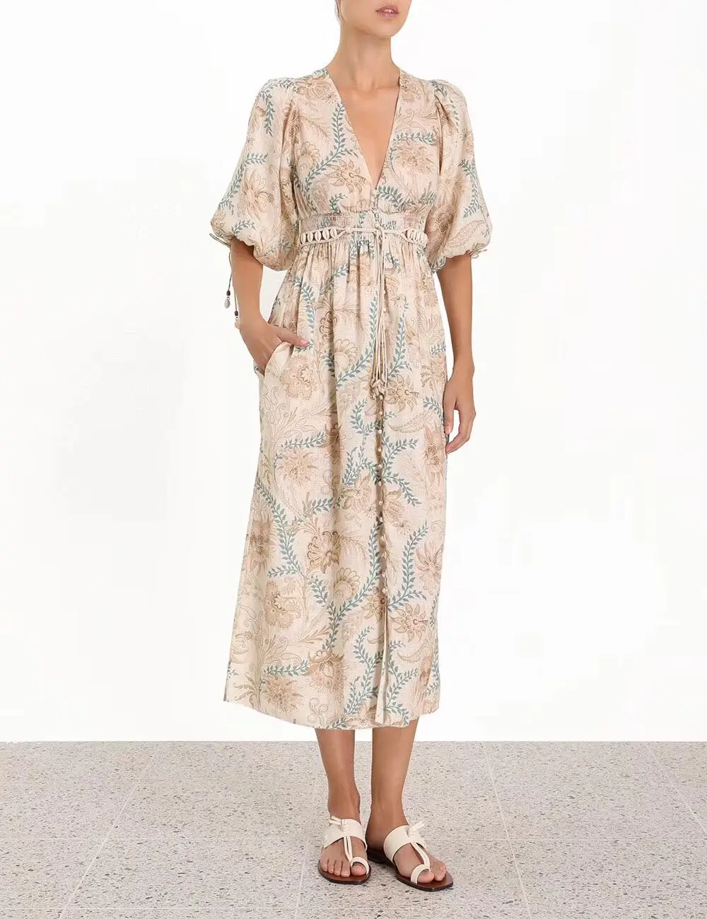 

100% Linen Cream Vine VENETO SHIRRED WAIST midi dress V neck elbow length blouson sleeves Elasticated cuffs shell belt