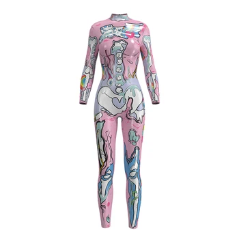 

2018 New Women Jumpsuit Pink Slim Halloween Muscle Skeleton 3D Printing Bandage Jumpsuit S To XL Long Sleeve