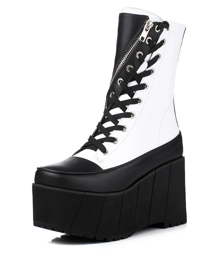 Оригинальное предназначение; высококачественные женские ботинки до середины икры; ботинки на танкетке из коровьей кожи с круглым носком; Цвет черный, белый; женская обувь; американские размеры 3-9,5