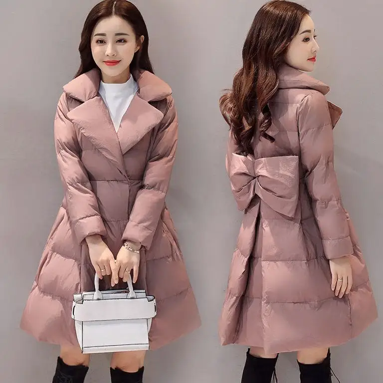 Womens Winter Long Slim Coats Female Bow Jacket Parkasin Parkas from