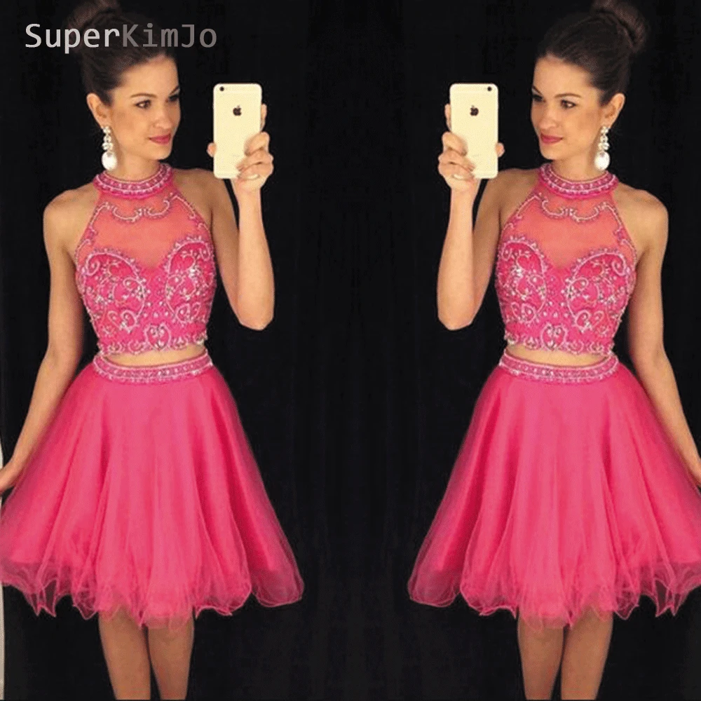 

SuperKimJo Two Piece Prom Dresses Short 2019 Homecoming Dresses Beaded Cheap Hot Pink Graduation Dresses Vestido Formatura Festa