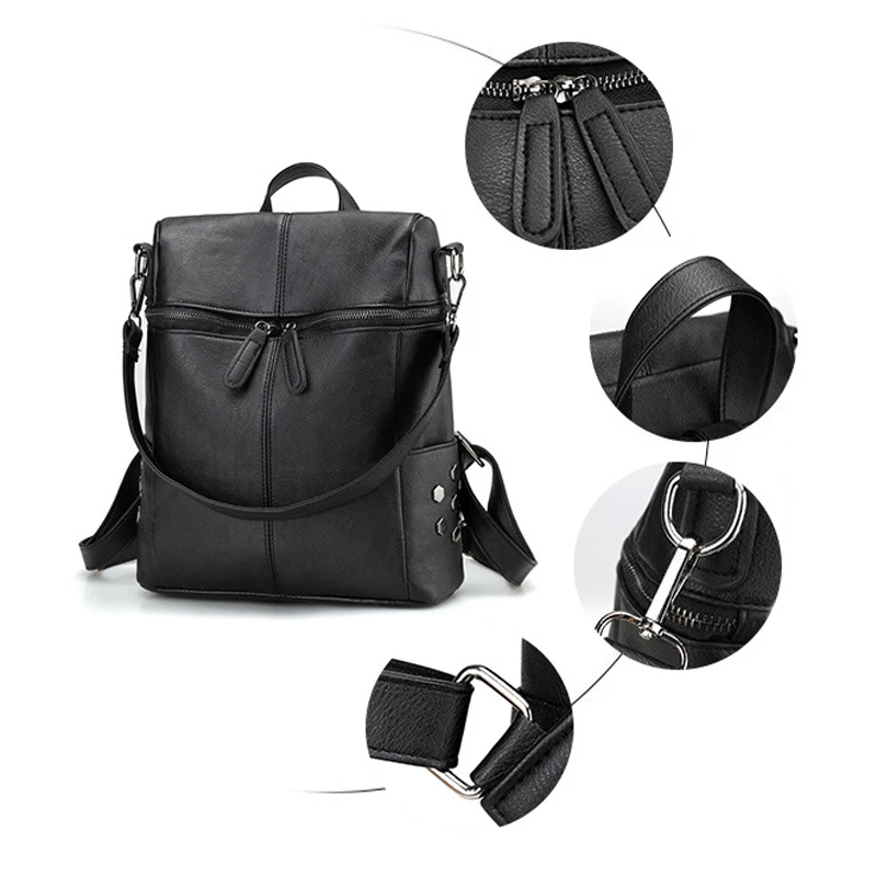 New Vintage Casual PU Leather Travel Bags School Handbags Women Bag Women Handbag Lovely Girls School Bags Ladies Bag(Black)