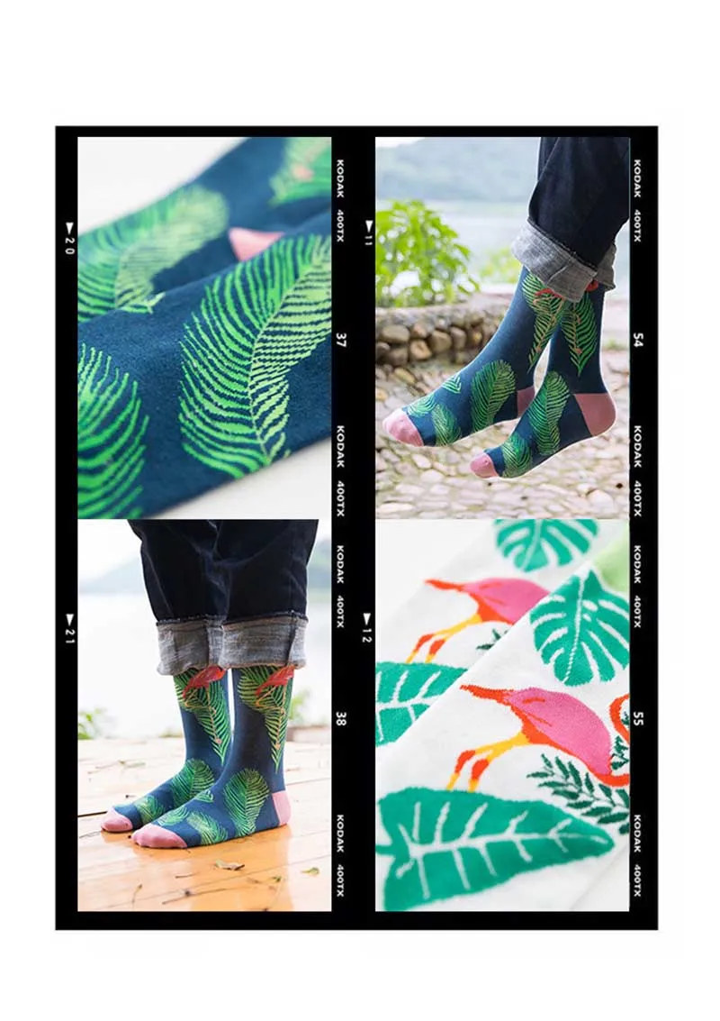 Крутые хлопковые забавные парные носки с фламинго, Harajuku, повседневные счастливые носки с листьями для женщин, художественные модные милые хипстерские носки с фламинго
