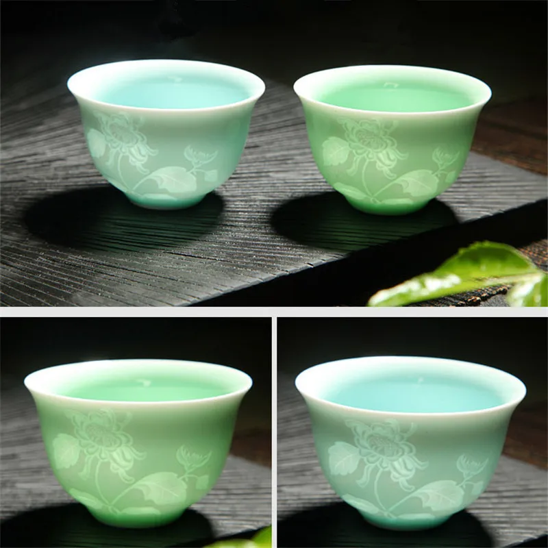 Song-dynastie Ying Qing (Misty Blue) kungfu Teetassen Pflaume/Orchidee/Bambus/Chrysantheme/Fisch/Berg Keramik Puɾr Tee Tasse | Дом и сад