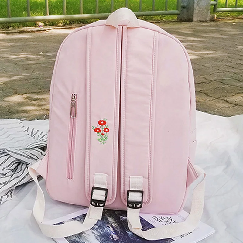 

High Quality Waterproof Nylon Women Backpack Fahion Candy Nylon Satchel Backpack Pretty Style Embroidery Flowers School Backpack