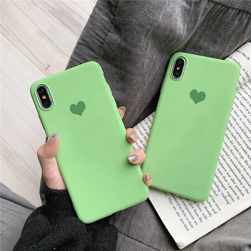 Summer dark green Color Love Heart Print Phone Case For iphone X XS Max XR Case For iphone 6 6S 8 7 plus Cover simple Soft Cases