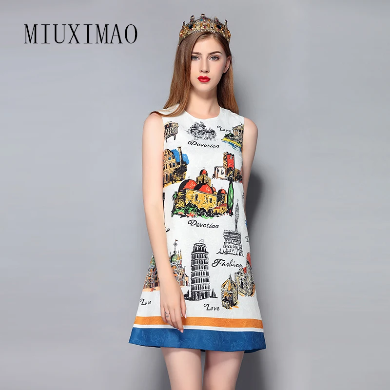 

High Quality 2018 Spring & Summer New Arrival Fashion A-Line O-Neck Sleeveless Tank Print Elegant Above Knee Dress Women