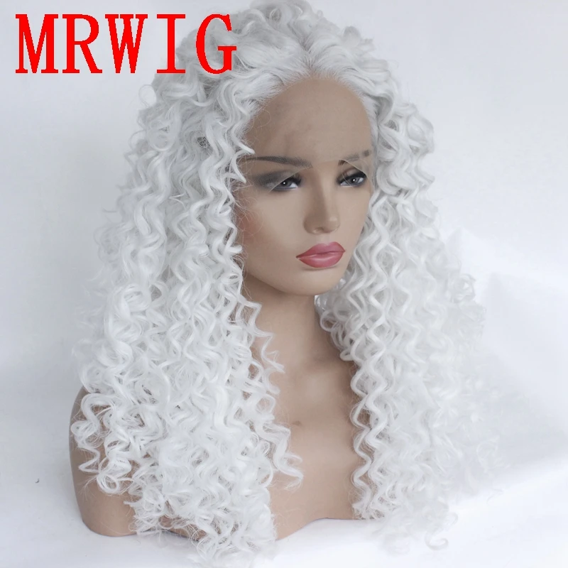 MRWIG white hair color synthetic kinky curly lace front wig middle part 26in 180%density cosplay hair wig