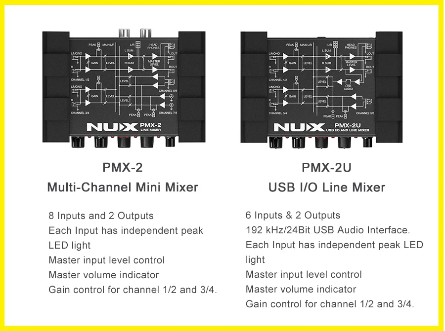 NUX PMX-2/PMX-2U I/O Line Mixer мини микшер консоль USB Звуковая консоль 6/8 входы 2 выхода индикатор громкости регулятор уровня