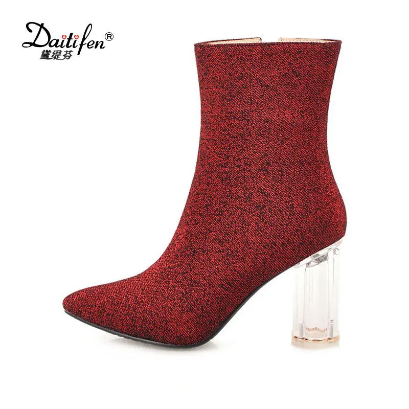 

Daitifen Pointed Toe High Heels Women Boots Autumn Casual Female Glitter Ankle Boots Single Fashion zipper Female Shoes Silver