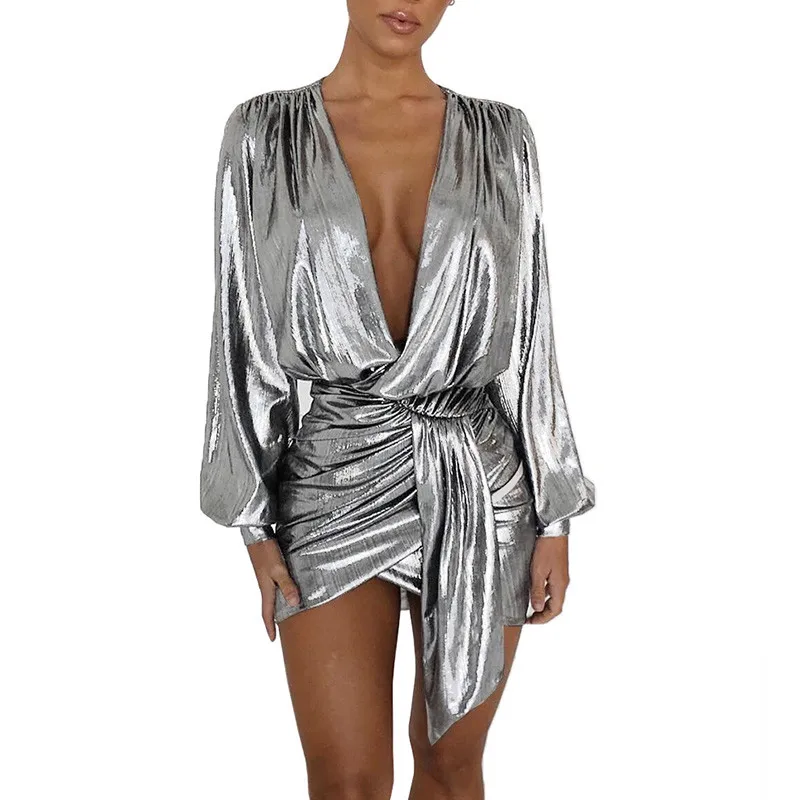 

Sexy Silver Long Sleeve Mini Dress New Women Deep V Neck Ruched Night Out Clubwear Metallic Wrap Dress Asymmetrical Club Dresses