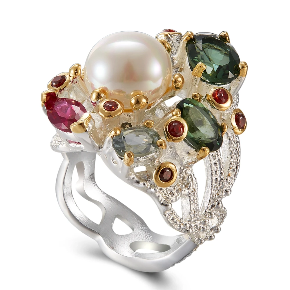 Best Buy Fashion Ring with Pearl Multi colorful stone Black Gold-color Fashion Unique Design Party Anniversary Gift Ring