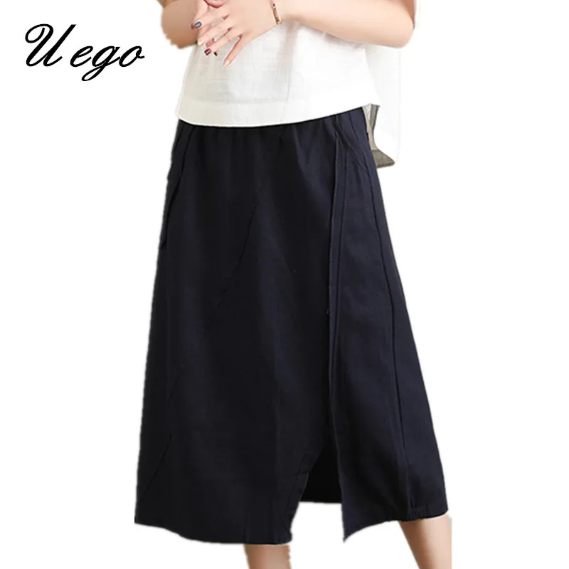 

Uego 2019 New Arrival High Waist Summer Skirts High Waist Elastic Cotton Linen Vintage SKirt Pockets Women Casual Midi Skirts