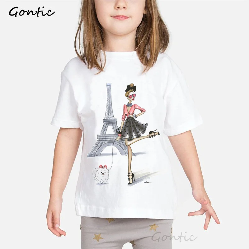 

New 2019 Paris Eiffel Tower girls t shirt Cotton Short-sleeved Vintage vogue t-shirt Printing Children's cartoons hipster cool