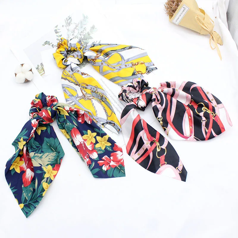

fashion summer Ponytail Scarf Elastic Hair Rope for Women Hair Bow Ties Scrunchies Hair Bands Flower Print Ribbon Hairbands