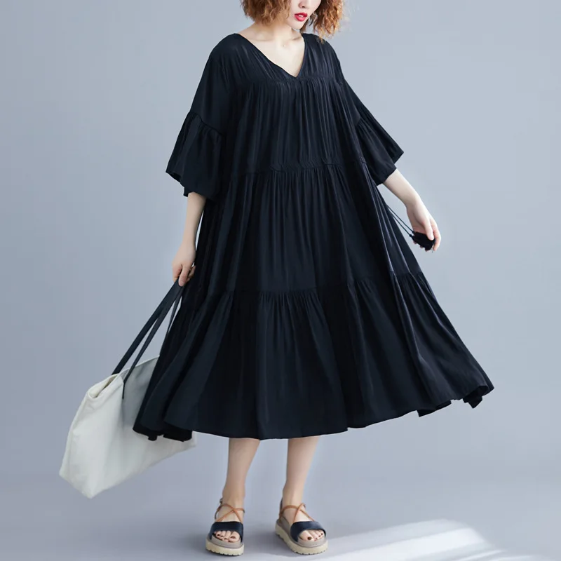 

Johnature 2019 Summer New Loose Casual V-neck Half Sleeve Women Dresses Korean Solid Color High Wiast Sashes Female Dress