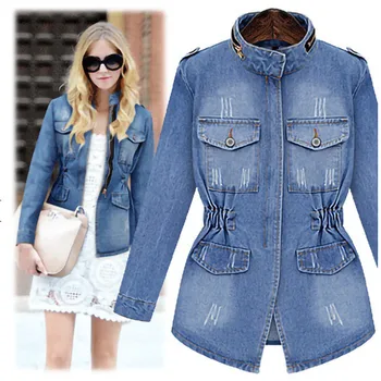 

Women's Fashion Denim Jacket Star with The Same Round Neck Long Sleeve Skirt Type Denim Coat Elastic Waist Slim Plus Size