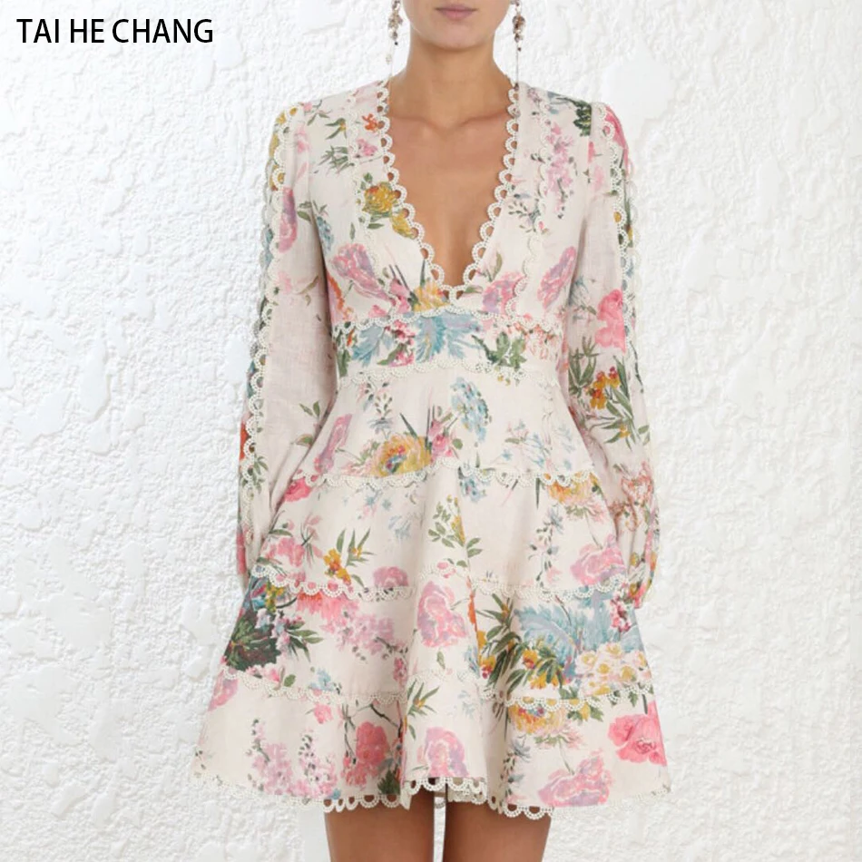 

women dress autumn winter new high-end elegant vestidos bodycon deep v-neck sexy party runway long sleeve lace print mini dress