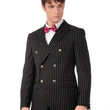 Боковой Vent Groom мужской свадебный костюм смокинги черные белые полосатые мужские костюмы для шафера(куртка+ брюки+ галстук+ платок) B840