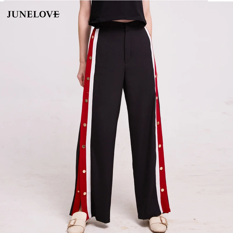 JuneLove 2017 Autumn Winter wide leg Pants Women Side