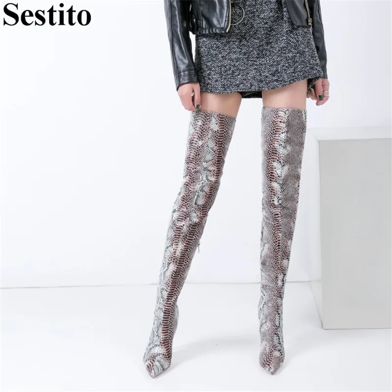 

2018 Sexy Gray Snake Pattern High Boots Pointed Toe Super High Thin Heels Over-the-Knee Boots For Women Zip Casual Women's Shoes