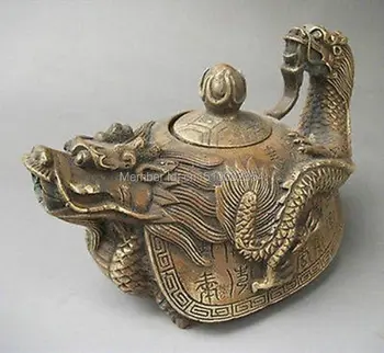 

China copper Signed carved Dragon Teapot Statues