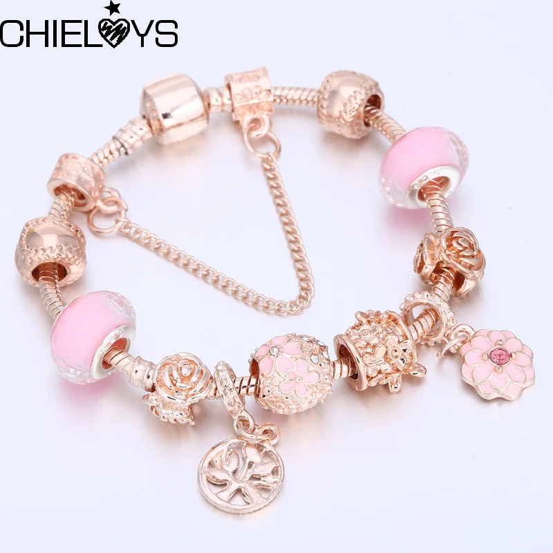 

CHIELOYS Fashion Rose Gold Crystal Charm Bracelets For Women Murano Beads Pandora Bracelets Bangles DIY Fashion European Jewelry