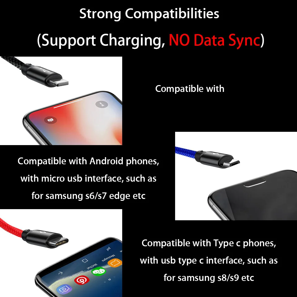 Зарядный кабель 3 в 1 Usb Type c для Samsung S9 S10 Huawei Nova 4 Nokia 8 9 Pureview Usbc Kabel 2 метра|Кабели