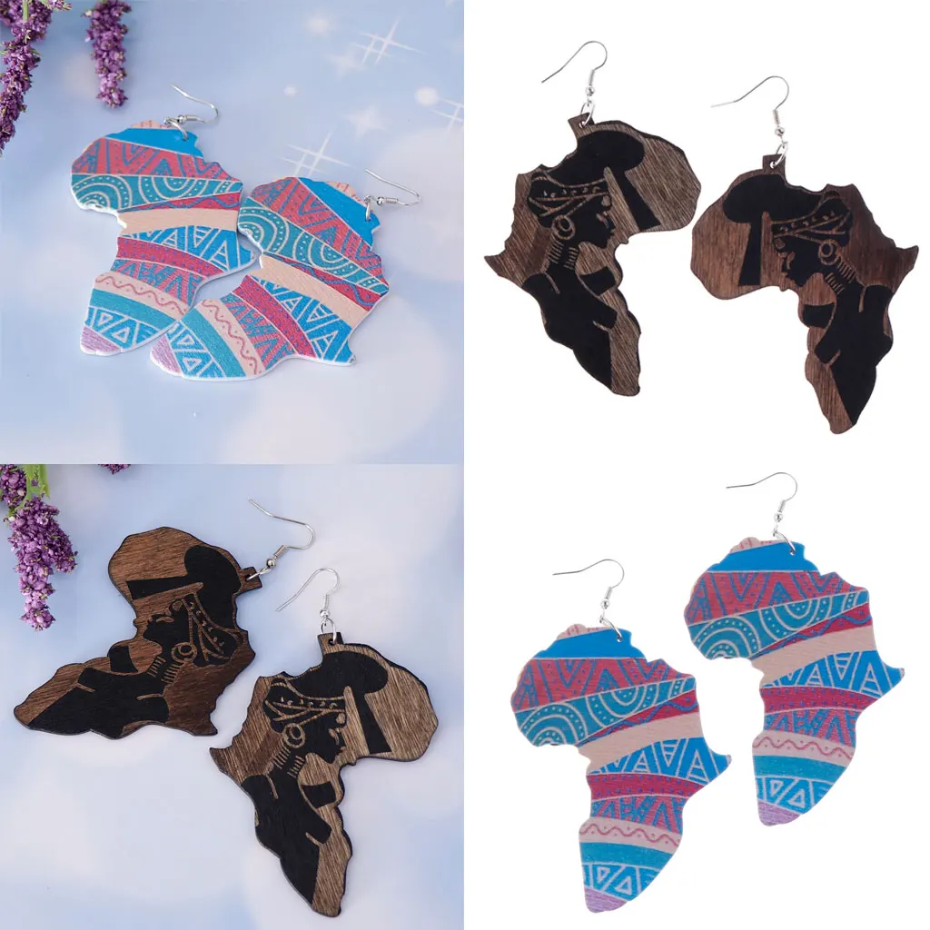 2 Pairs Vintage Wooden Ethnic Tribe African Map Lady Figure Dangle Drop Earring Fish Hook Belly Dancing Charms