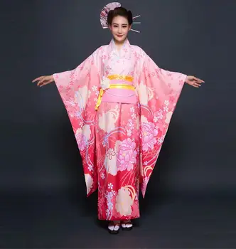 

Top Quality Pink Japanese Women Evening Dress Vintage Kimono Gown Yukata With Obi Sexy Cosplay Costume Flower One Size NK002