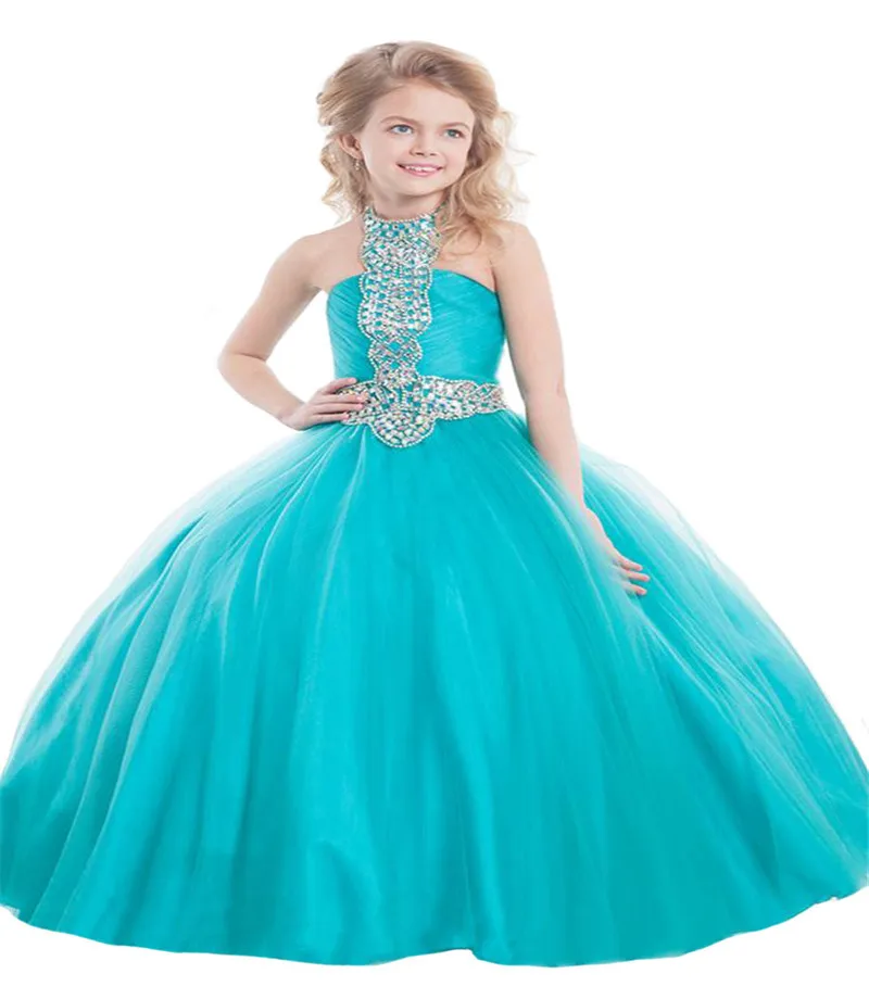 DF202 Teal Blue Stylish Beaded Tulle Flower Girls Dress 2016 Halter