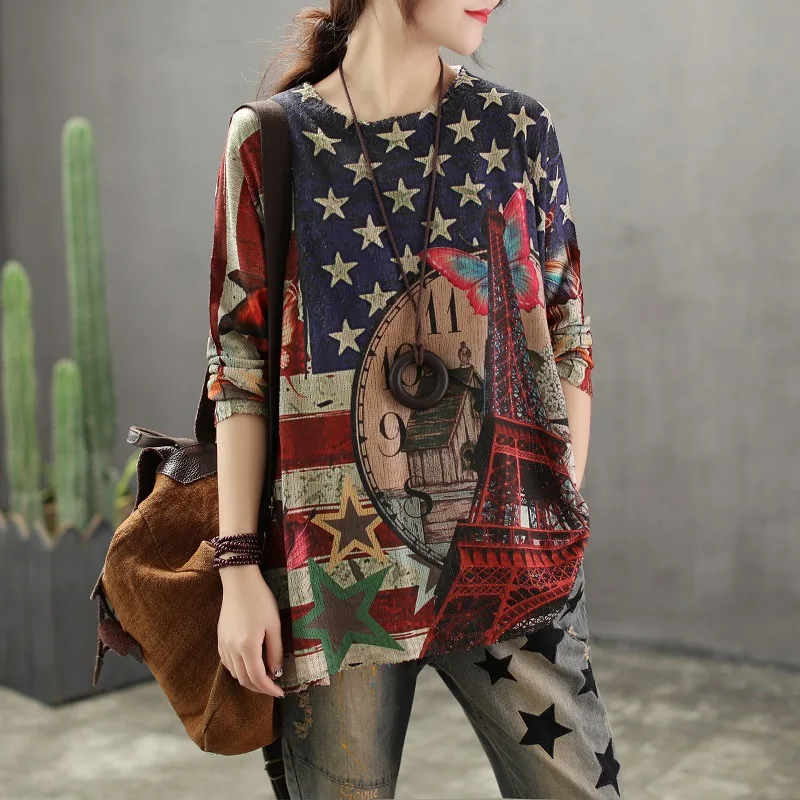 Spring Sweater Women Retro Loose Pullovers Knitting Tops O-Neck Print Pattern Blended Sexy Ladies Streetwear Casual Sweater 2019 Spring Sweater Women Retro Loose Pullovers Knitting Tops O-Neck Print Pattern Blended Sexy Ladies Streetwear Casual Sweater 2019