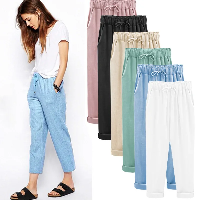 

Summer New Ladies Pants Cotton and Linen Nine Pants Large Size Elastic Loose Thin Linen Casual Pants
