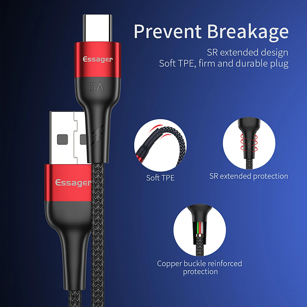 Usb кабель Essager 5A Type C для Huawei Mate 20 P30 P20 P10 P9 Pro OPPO R9 R7 R5 USBC быстрой зарядки 4 0 с